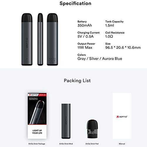 VAPTIO Airgo Stick Kit 350mAh Batería Starter Kit Vaina de cartucho de 1,5 ml Atomizador de 11W Cigarrillo electrónico Vape Pen sin líquido ni nicotina (blanco)