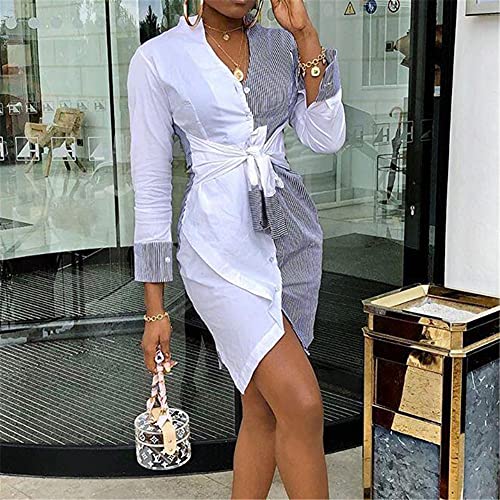 Vestido de Camisa de Manga Larga de Mujer Vestido Elegante con Patrón de Bloques de Color Mini Vestido Ajustado y Casual de Cuello en V de Primavera Otoño para Mujer (Blanco, M)
