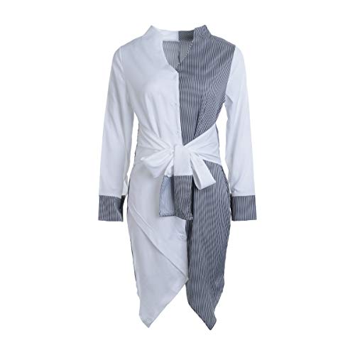 Vestido de Camisa de Manga Larga de Mujer Vestido Elegante con Patrón de Bloques de Color Mini Vestido Ajustado y Casual de Cuello en V de Primavera Otoño para Mujer (Blanco, M)