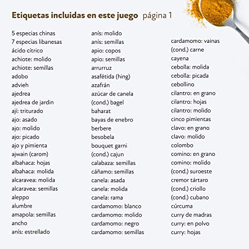 Vinta 210 etiquetas adhesivas en español para tarros y frascos de especias; preimpreso; codificado por colores; impermeable y resistente al aceite; 38mm; incluye etiquetas adicionales personalizables