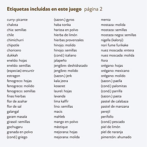 Vinta 210 etiquetas adhesivas en español para tarros y frascos de especias; preimpreso; codificado por colores; impermeable y resistente al aceite; 38mm; incluye etiquetas adicionales personalizables