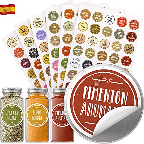 Vinta 210 etiquetas adhesivas en español para tarros y frascos de especias; preimpreso; codificado por colores; impermeable y resistente al aceite; 38mm; incluye etiquetas adicionales personalizables