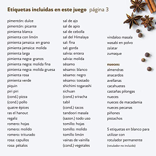 Vinta 210 etiquetas adhesivas en español para tarros y frascos de especias; preimpreso; codificado por colores; impermeable y resistente al aceite; 38mm; incluye etiquetas adicionales personalizables