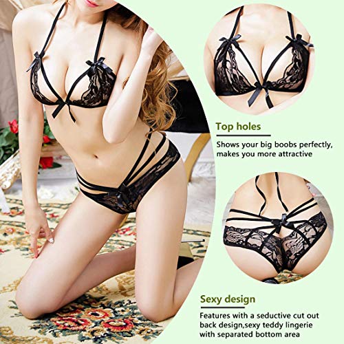 Voqeen Lencería de Mujer Babydoll de Encaje 2 Piezas de Sujetador y Bragas Sexy Vestido de Tirantes Copa de Encaje Ropa de Dormir