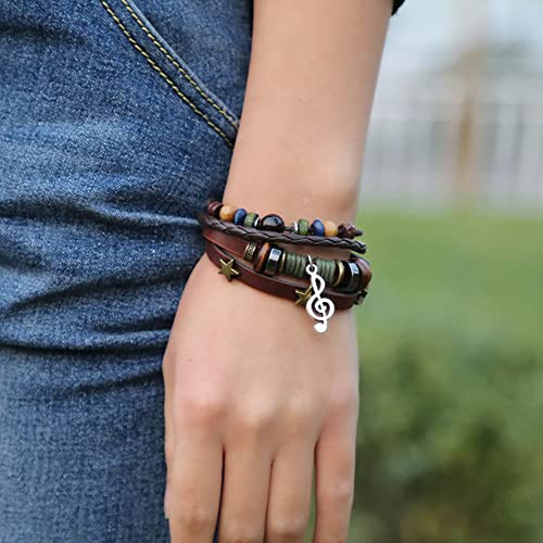 Wedity Pulsera con notas musicales Pulsera trenzada con estrellas Pulsera de cuerda de cuero Accesorios de mano para mujeres y hombres