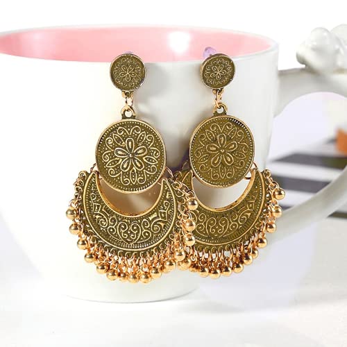 XIGAWAY Moda étnica Bali Jhumka Jhumki Brocado Oro Lotus México Gitano Pendiente, Plástico,