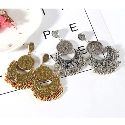 XIGAWAY Moda étnica Bali Jhumka Jhumki Brocado Oro Lotus México Gitano Pendiente, Plástico,