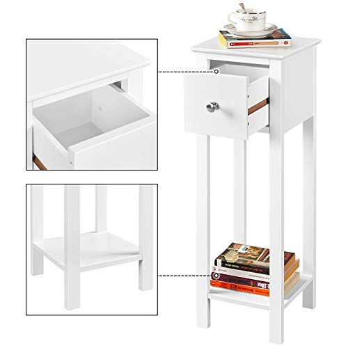 Yaheetech 2pcs Mesitas de Noche con Cajón y Estante 25x25x70cm Mesilla de Noche Alta Mesita Auxiliar de Dos Niveles para Salon o Dormitorio Blanco Satinado