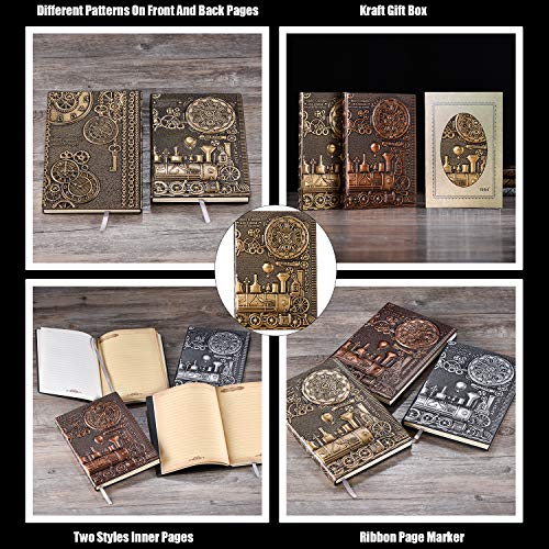 YHH Cuaderno A5 Rayas Tapa Dura, en Relieve, Hecho a mano, 200 Páginas, Libretas Bonitas, Diario de Viaje Cuero, Vintage Journal Notebook, Regalo Aniversario Mujer Hombre Pareja, tren3d Bronce