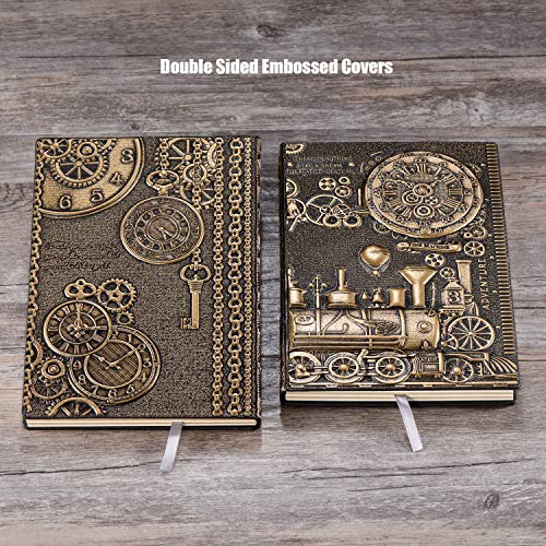 YHH Cuaderno A5 Rayas Tapa Dura, en Relieve, Hecho a mano, 200 Páginas, Libretas Bonitas, Diario de Viaje Cuero, Vintage Journal Notebook, Regalo Aniversario Mujer Hombre Pareja, tren3d Bronce
