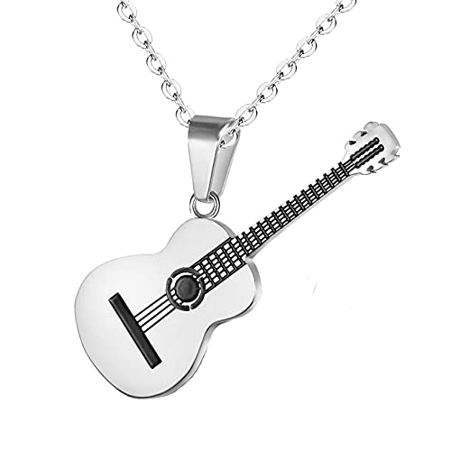 Yifnny Collar de Guitarra, Acero Inoxidable para Hombre Rock Guitarra Eléctrica Bajo Colgante Collar con púa de Guitarra con Cadena Rolo Estilo Musical Regalo para Mujer (Plata)