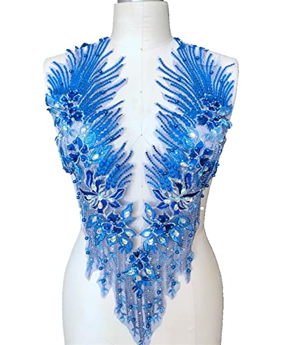 YUNSI Beads Rhinestones Encaje Appliques Perforación Flor Parches Accesorios Hechos a Mano for Vestidos Disfraces 56 * 30 cm (Color : Blue)