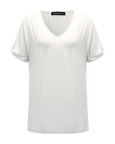 ZANZEA Camisetas Mujer Manga Corta Verano Holgada Top Tallas Grandes Baratas Cuello V Casual Blusa Suelta Color Sólido/Estampado T Shirt 01 Color Sólido-Blanco L