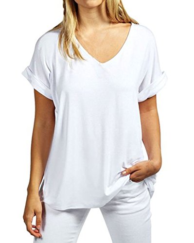 ZANZEA Camisetas Mujer Manga Corta Verano Holgada Top Tallas Grandes Baratas Cuello V Casual Blusa Suelta Color Sólido/Estampado T Shirt 01 Color Sólido-Blanco L