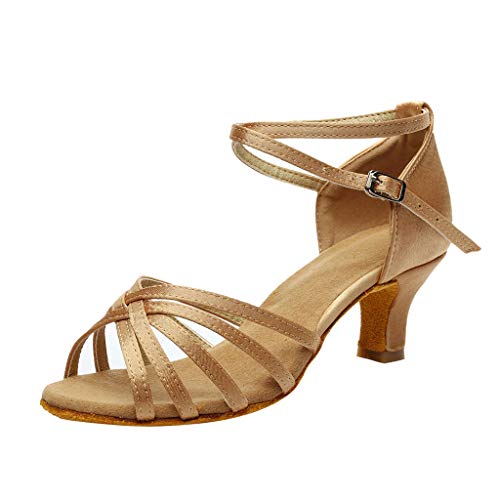 Zapatos de baile latino para mujer, salón de baile latino, sandalias latinas, práctica de baile latino, zapatos de rendimiento con tacón acampanado, Khaki, 38 EU