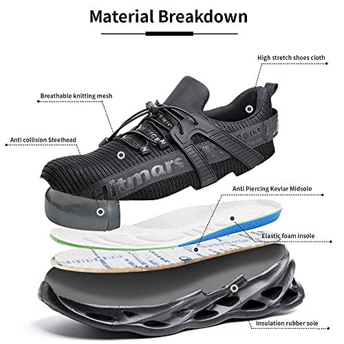 Zapatos de Seguridad Hombre Punta de Acero Botas de Seguridad Mujer Deportiva Zapatillas Trabajo Unisex Antideslizante Respirable Negro Talla 45