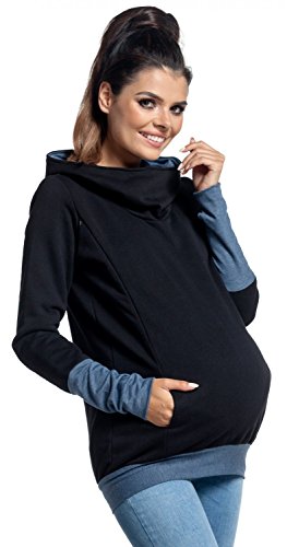 Zeta Ville Mujer Jersey Premamá de Lactancia en Algodón con Capucha 330 (Jeans & Negro, 44-46, 3XL)