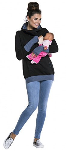 Zeta Ville Mujer Jersey Premamá de Lactancia en Algodón con Capucha 330 (Jeans & Negro, 44-46, 3XL)