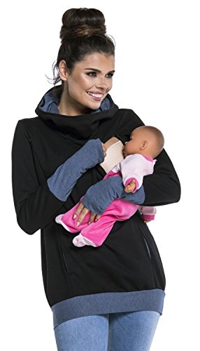 Zeta Ville Mujer Jersey Premamá de Lactancia en Algodón con Capucha 330 (Jeans & Negro, 44-46, 3XL)
