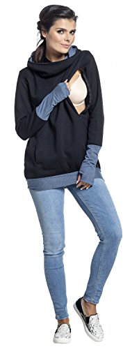 Zeta Ville Mujer Jersey Premamá de Lactancia en Algodón con Capucha 330 (Jeans & Negro, 44-46, 3XL)