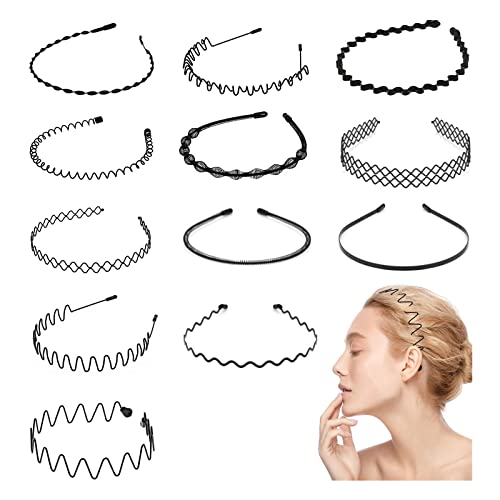 12 piezas Diademas de Metal, Aro de pelo de metal negro, Diademas de Metal ondulado, Unisex Elástico Primavera Diadema, para el Cabello Peinado Pinchos Aro de Pelo Accesorios