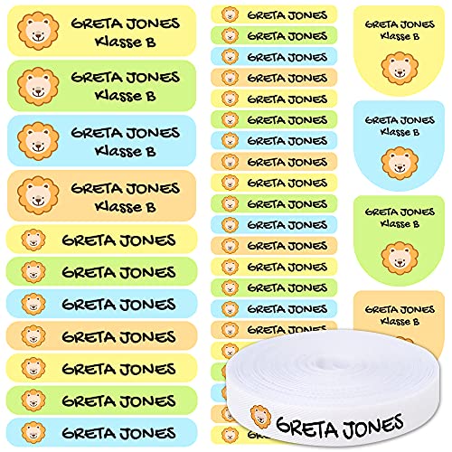 155 pegatinas personalizadas para marcar ropa y objetos. 100 Etiquetas de tela termoadhesiva para planchar en la ropa + 55 etiquetas adhesivas para objetos resistentes al agua. Nombre personalizado.