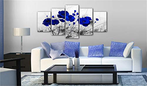 5 Piezas Rojo Oscuro Azul Floral Lienzo Pintura Púrpura Amapolas Flores Póster HD Impresión Moderna Pared Arte Cuadros Para Dormitorio Decoración Del Hogar Regalo, Sin Marco,Azul,150x80cm