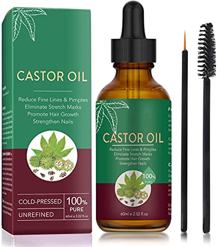 Aceite de Ricino Orgánico,Aceite de Ricino Prensado en Frío 100% puro Paracabello,Pestañas,Cejas,Cuidado de Cara y Piel con 1 Juego de Cepillos de Cejas y Delineador de Ojos,Aumenta el Crecimiento