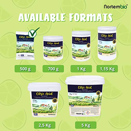 Ácido Cítrico 2 kg (4x500g), Calidad Premium, Polvo Anhidro, Natural, 100% Puro, NortemBio para producción ecológica. Producto CE.