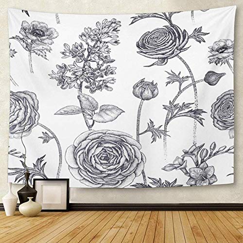 AdoDecor Flores de Primavera, patrón Floral, Plantas de jardín, Lila, Fresia, anémona, Tapiz Vintage en Blanco y Negro, decoración del hogar, 150x180 CM