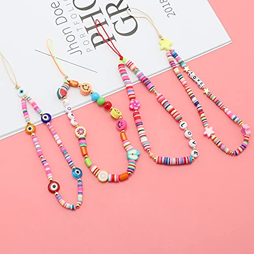 AIEX 4 Piezas Phone Charm Beaded  Teléfono Charm Fruta Arco Iris Cara Sonriente Letras de Estrellas de Frutas y Flores Cuentas de Acrílico Hechas a Mano Accesorio de Llavero para Mujeres y Niñas