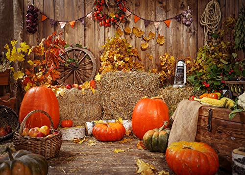 AIIKES 7x5FT Fondo de fotografía de acción de Gracias Otoño Calabaza Hoja Maíz Fondo de Manzana Fondo de lámpara de Aceite Piso de Madera Granero Fondo de Cosecha 11-914