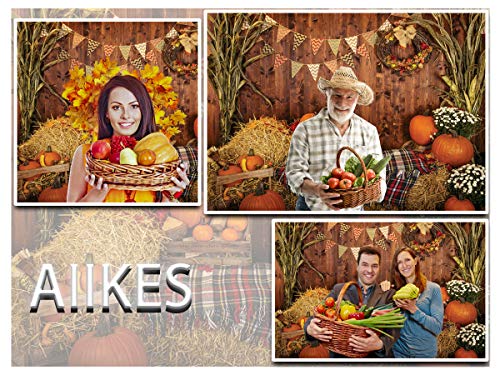 AIIKES 8x6FT Fotografía de Acción de Gracias Telón de Fondo Piso de Madera Granero Fondo de Cosecha Calabazas de Otoño Hojas de Maíz Girasol Telones de Fondo Retrato de Bebé Decoración 11-741