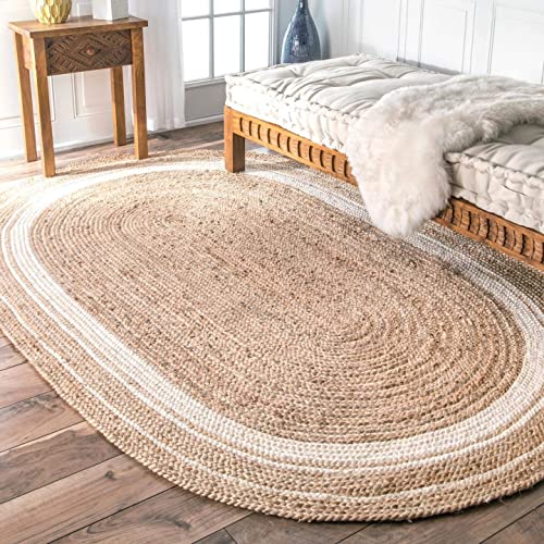 Alfombra de yute natural trenzada a mano con forma ovalada, pasillo y sala de estar, 120 x 180 cm, color beige y blanco