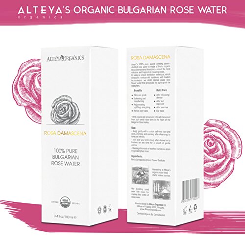 Alteya Organic Agua Floral de Rosa (Rosa Damascena) 100 ml – Spray (Vidrio) - 100% Puro Natural Bio Producto con Certificado USDA, Vendido Directamente por el Cultivador y Destilador Alteya Organics