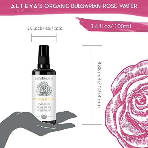 Alteya Organic Agua Floral de Rosa (Rosa Damascena) 100 ml – Spray (Vidrio) - 100% Puro Natural Bio Producto con Certificado USDA, Vendido Directamente por el Cultivador y Destilador Alteya Organics