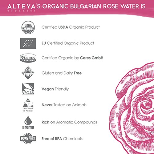 Alteya Organic Agua Floral de Rosa (Rosa Damascena) 100 ml – Spray (Vidrio) - 100% Puro Natural Bio Producto con Certificado USDA, Vendido Directamente por el Cultivador y Destilador Alteya Organics