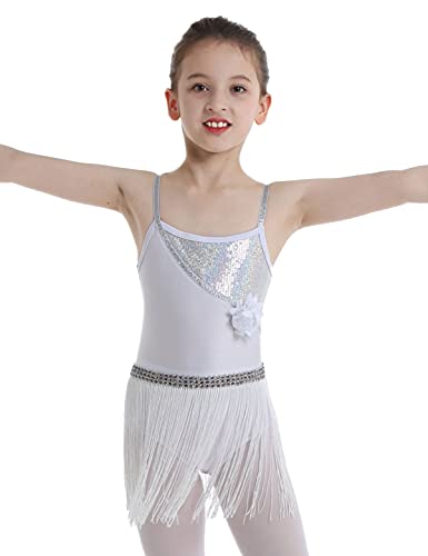Alvivi Vestido Danza Latina Cuentas Lentejuelas Tango Salon Baile Salsa Vestido Flecos Borla Falda Latina Traje de Danza para Niña Blanco 4-12años Blanco 4 años