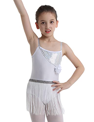 Alvivi Vestido Danza Latina Cuentas Lentejuelas Tango Salon Baile Salsa Vestido Flecos Borla Falda Latina Traje de Danza para Niña Blanco 4-12años Blanco 4 años