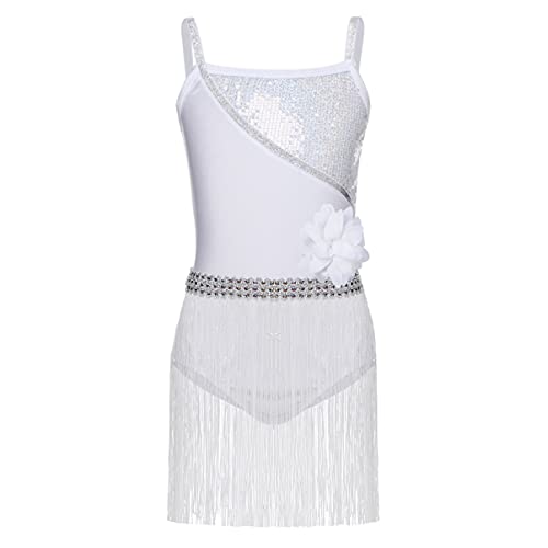 Alvivi Vestido Danza Latina Cuentas Lentejuelas Tango Salon Baile Salsa Vestido Flecos Borla Falda Latina Traje de Danza para Niña Blanco 4-12años Blanco 4 años