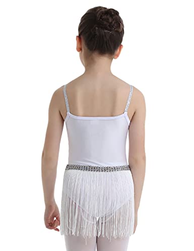 Alvivi Vestido Danza Latina Cuentas Lentejuelas Tango Salon Baile Salsa Vestido Flecos Borla Falda Latina Traje de Danza para Niña Blanco 4-12años Blanco 4 años