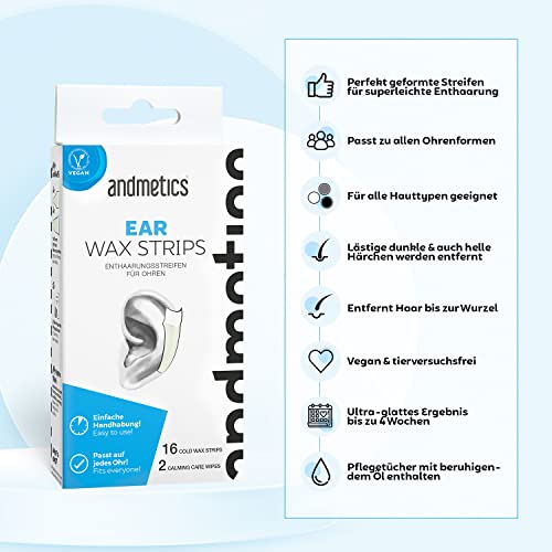 andmetics Ear Wax Strips – Cera depiladora para orejas, 8 pares Wax Strips y 2 toallitas calmantes