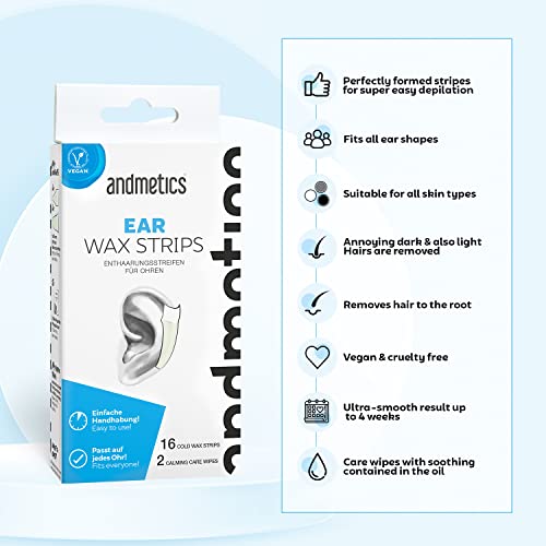 andmetics Ear Wax Strips – Cera depiladora para orejas, 8 pares Wax Strips y 2 toallitas calmantes