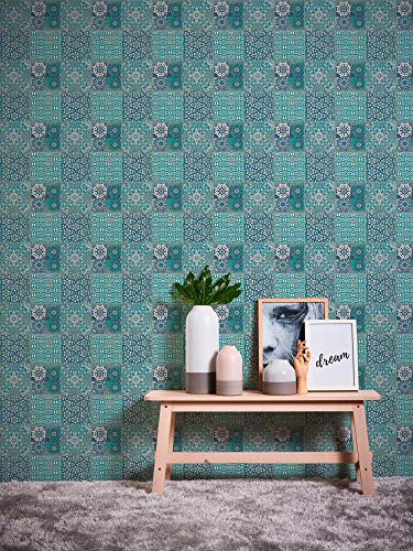 A.S. Création 368953 - Papel pintado, diseño de azulejos mediterráneos, Blau Grau Grün, 10,05 m x 0,53 m
