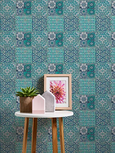 A.S. Création 368953 - Papel pintado, diseño de azulejos mediterráneos, Blau Grau Grün, 10,05 m x 0,53 m