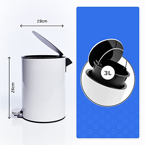 Bamodi Cubo de Basura con Pedal Premium Pequeñas papeleras de baño, Aseo u Oficina - 3L - Papelera de baño de Acero Inoxidable con cesto extraíble - Sistema de Cierre Magic Silent (Blanco)