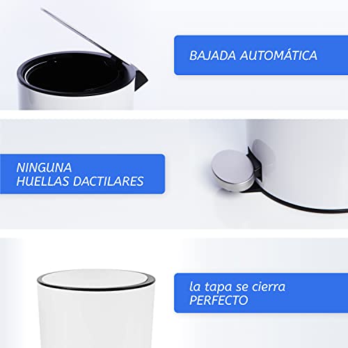 Bamodi Cubo de Basura con Pedal Premium Pequeñas papeleras de baño, Aseo u Oficina - 3L - Papelera de baño de Acero Inoxidable con cesto extraíble - Sistema de Cierre Magic Silent (Blanco)