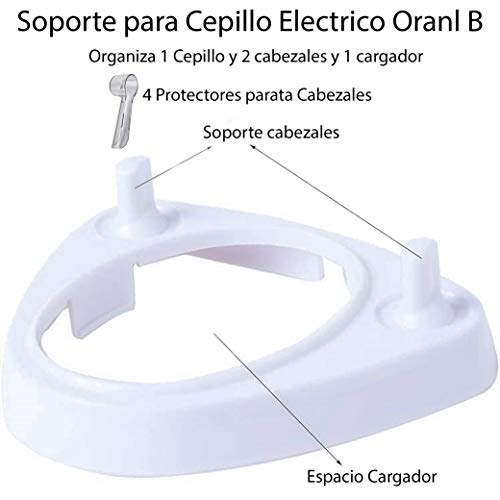 Base Soporte Porta Cepillo de Dientes Eléctrico para Oral B – Incluye 4 Fundas Protectoras de Cabezales Cepillo Dientes para Oral B - Soporte Color Blanco