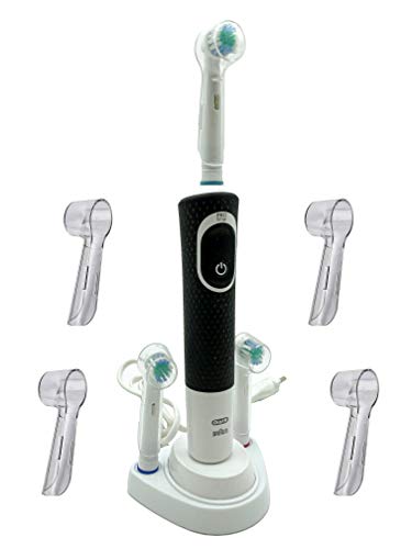 Base Soporte Porta Cepillo de Dientes Eléctrico para Oral B – Incluye 4 Fundas Protectoras de Cabezales Cepillo Dientes para Oral B - Soporte Color Blanco