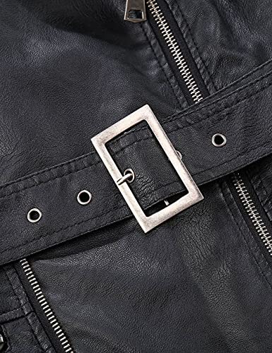 BELLIVERA Chaqueta de Cuero Sintético Para Mujer Abrigo Corto con Cinturón de Motocicleta Cálido de Invierno con Cuello de piel Desmontable 9203 Negro XL